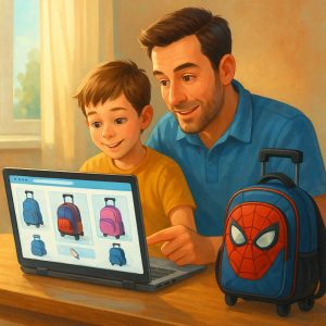 Un père et son fils choisissent un cartable à roulettes sur un ordinateur portable, avec un sac Spider-Man posé à côté