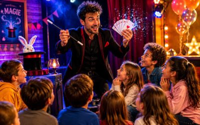 Magicien pour adolescents réalisant un tour de cartes devant un public captivé
