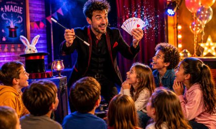 Magicien pour adolescents réalisant un tour de cartes devant un public captivé