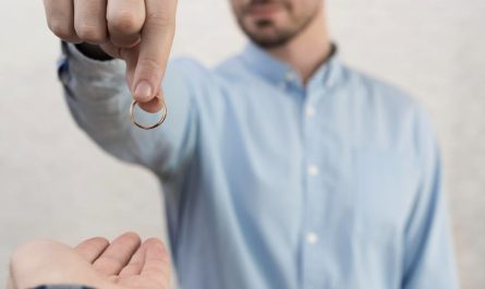 Un homme en chemise bleue remet son alliance à une autre personne, symbolisant les démarches pour un divorce rapide.