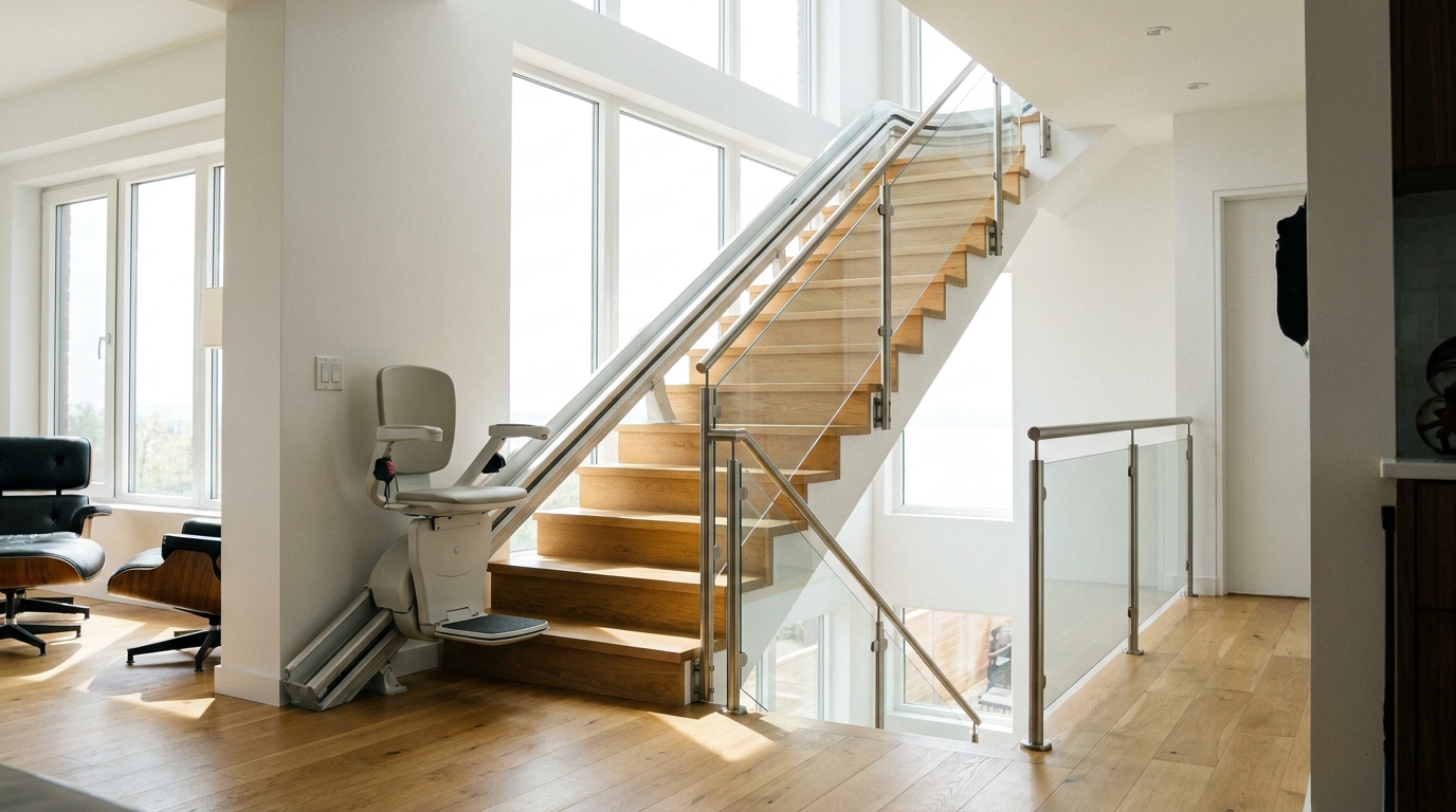 Monte-escalier installé le long d'un escalier de maison, rampe moderne, intérieur clair
