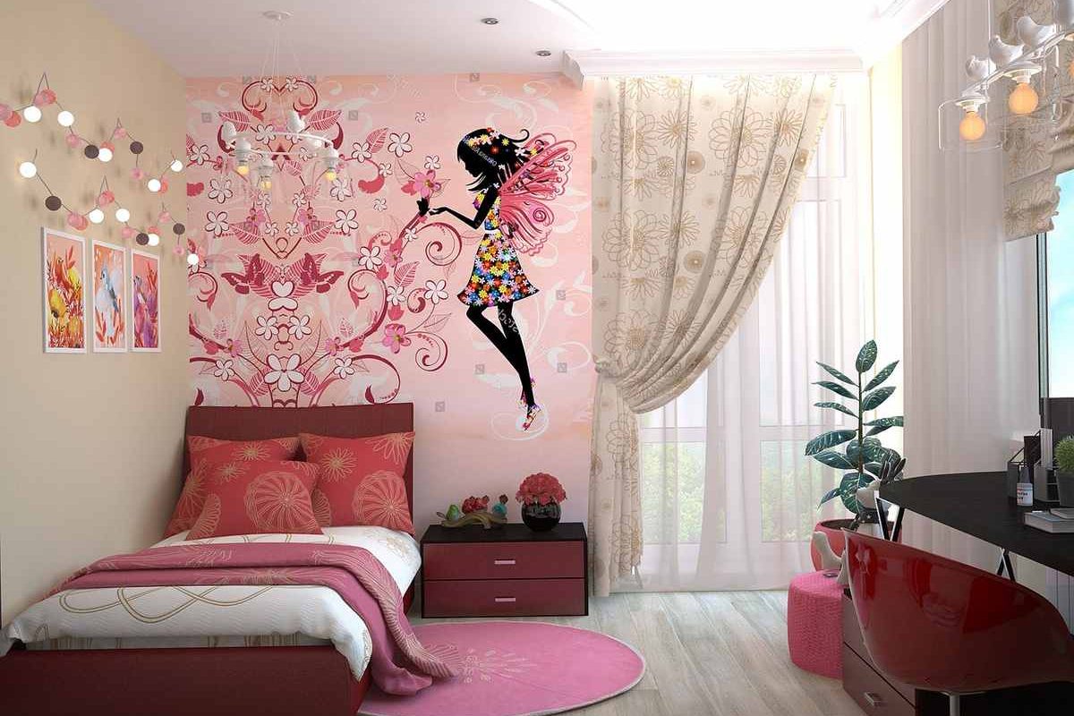 Une chambre décorée avec un lit, un mur peint, un bureau et une chaise