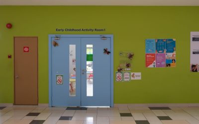 Portes bleues devant un mur vert avec panneaux informatifs