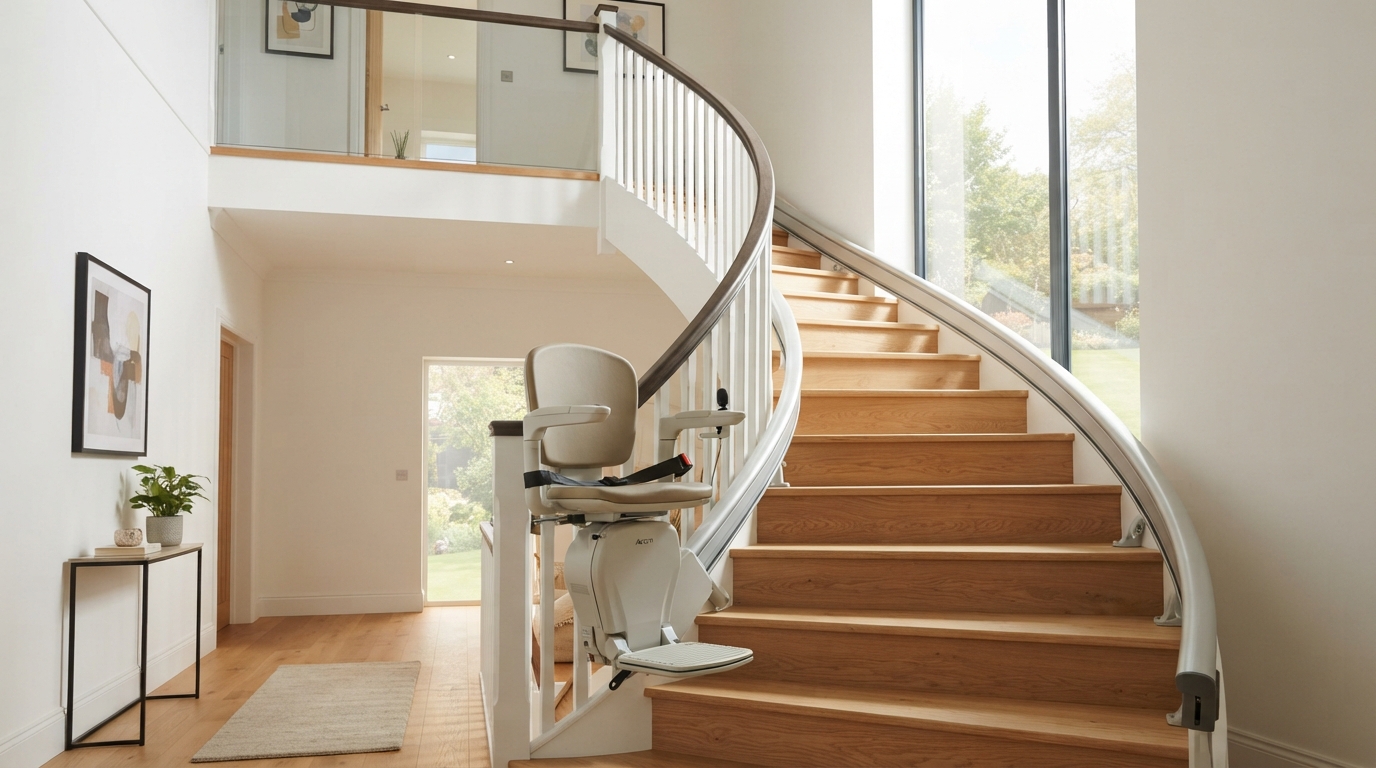 Monte-escalier moderne sur un escalier tournant, maison lumineuse