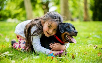 girl in pink jacket playing with black and brown short coated dog on green grass field